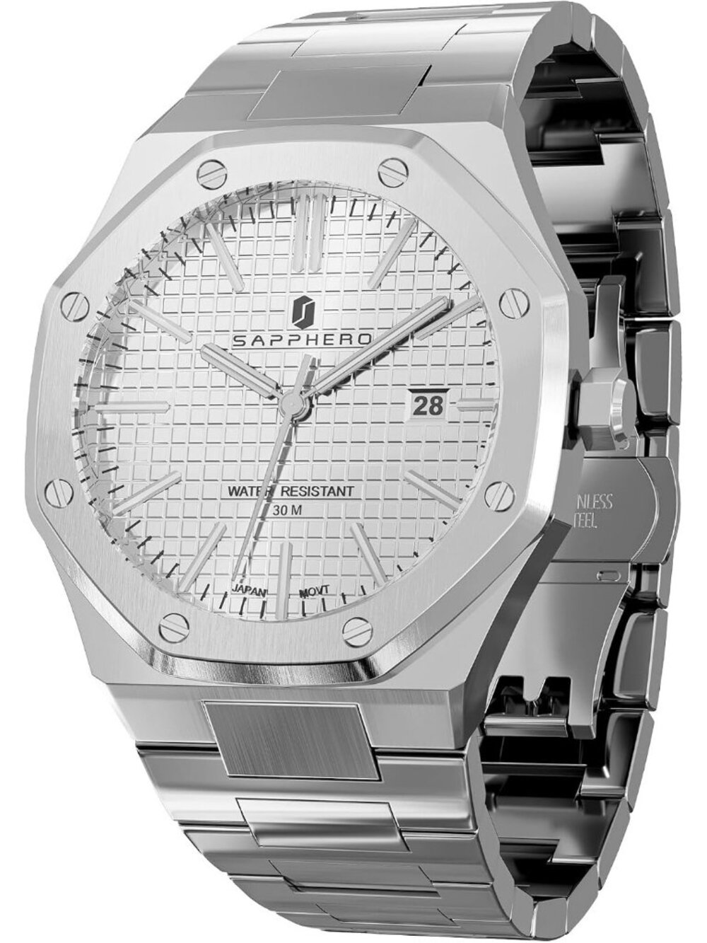 Men's Silver Strap White Face Stainless Steel Octagonal Date Quartz Wrist Watch
